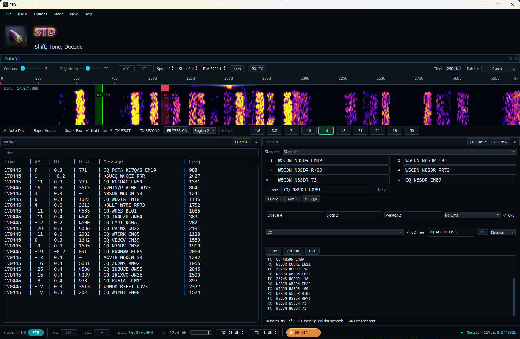 STD transmitting on 20 m FT8, waterfall and the on-air exchange